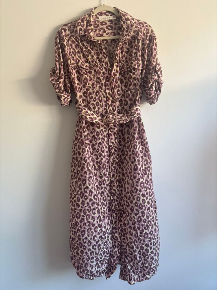 Zimmermann Super Eight Pink Leopard Print Midi Shirt Dress Size 0