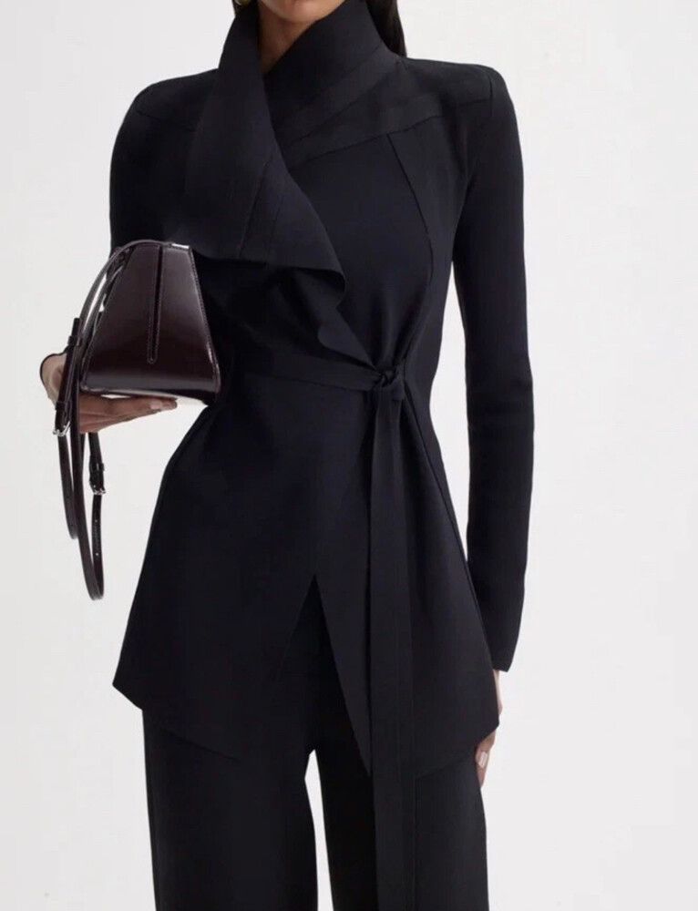 Scanlan Theodore Black Crepe Knit Waterfall Cardigan