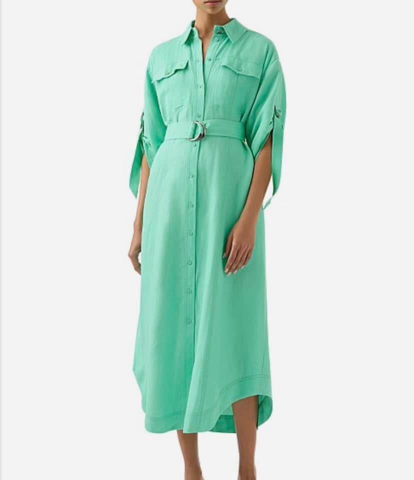 Aje. Signal Marine Mint Green Linen Shirt Dress