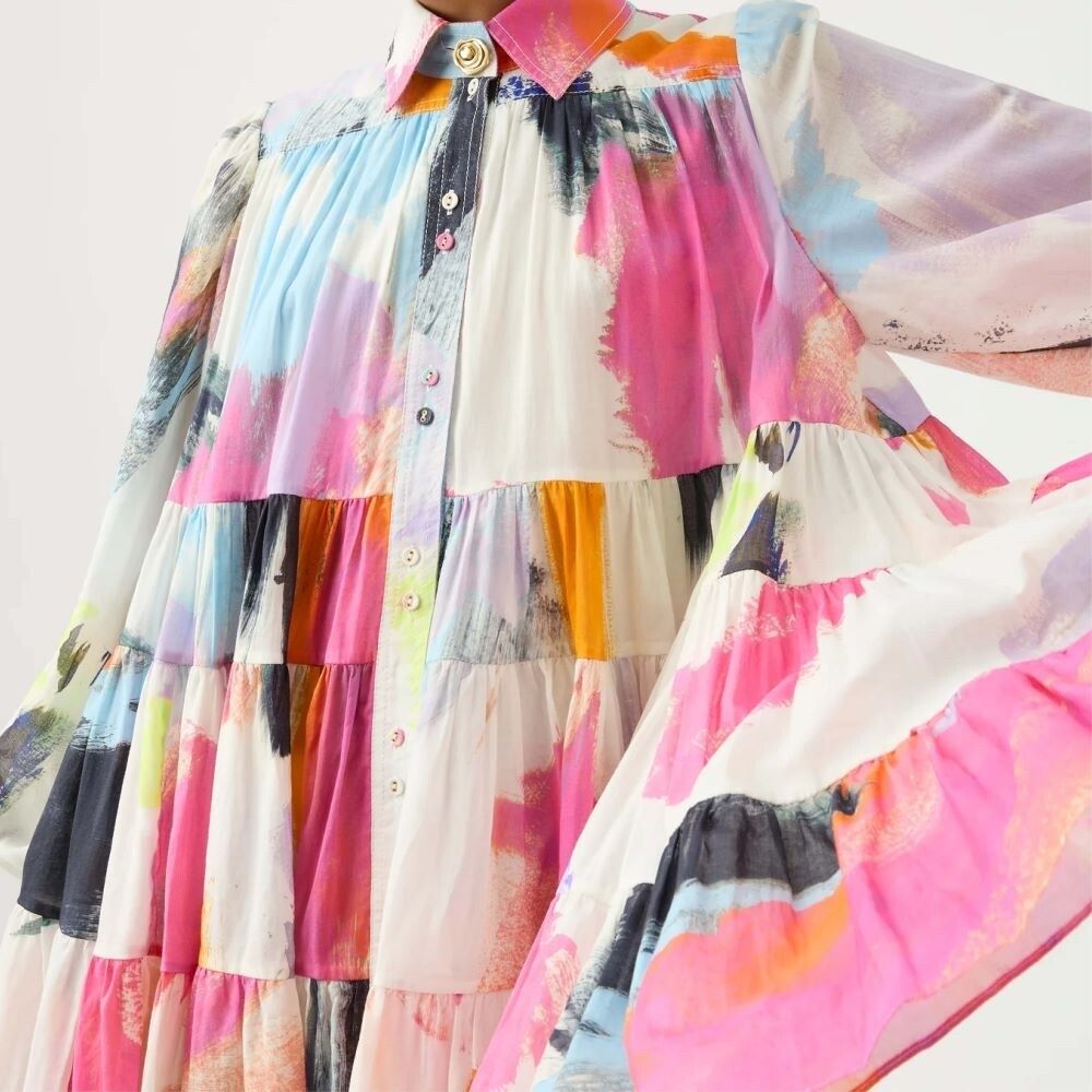 Aje Vie Smock Shirt Dress Abstract Sunset