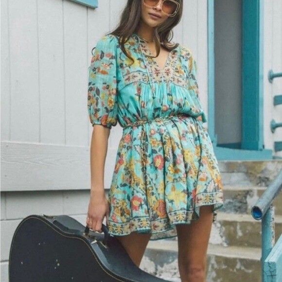 Spell & The Gypsy Collective Hendrix Turquoise Floral Tunic Mini Dress