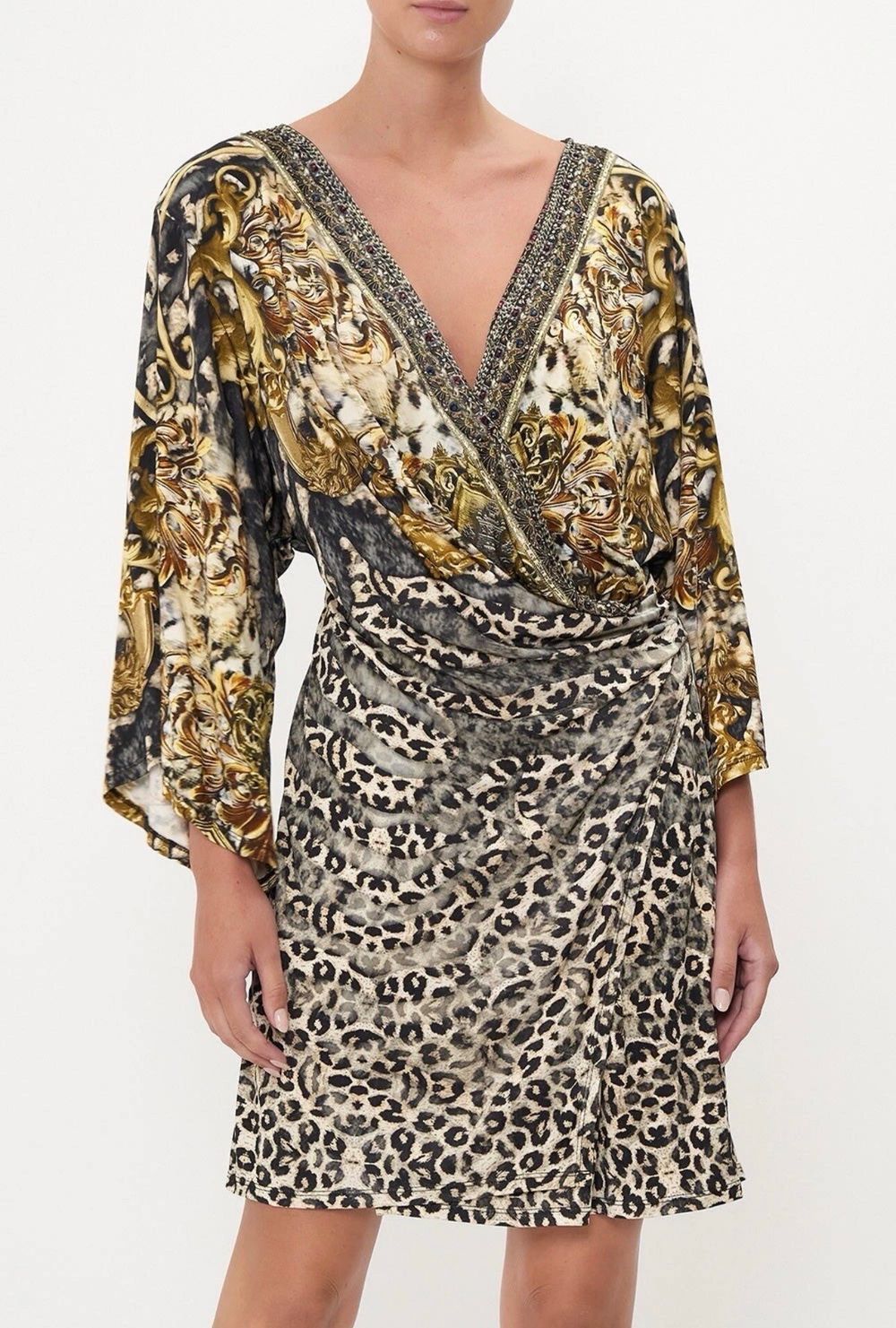 Camilla Armada Jersey Draped Black and Gold Leopard Print Wrap Dress