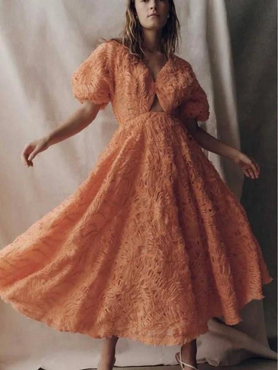 Aje Florential Apricot Orange Textured Midi Dress
