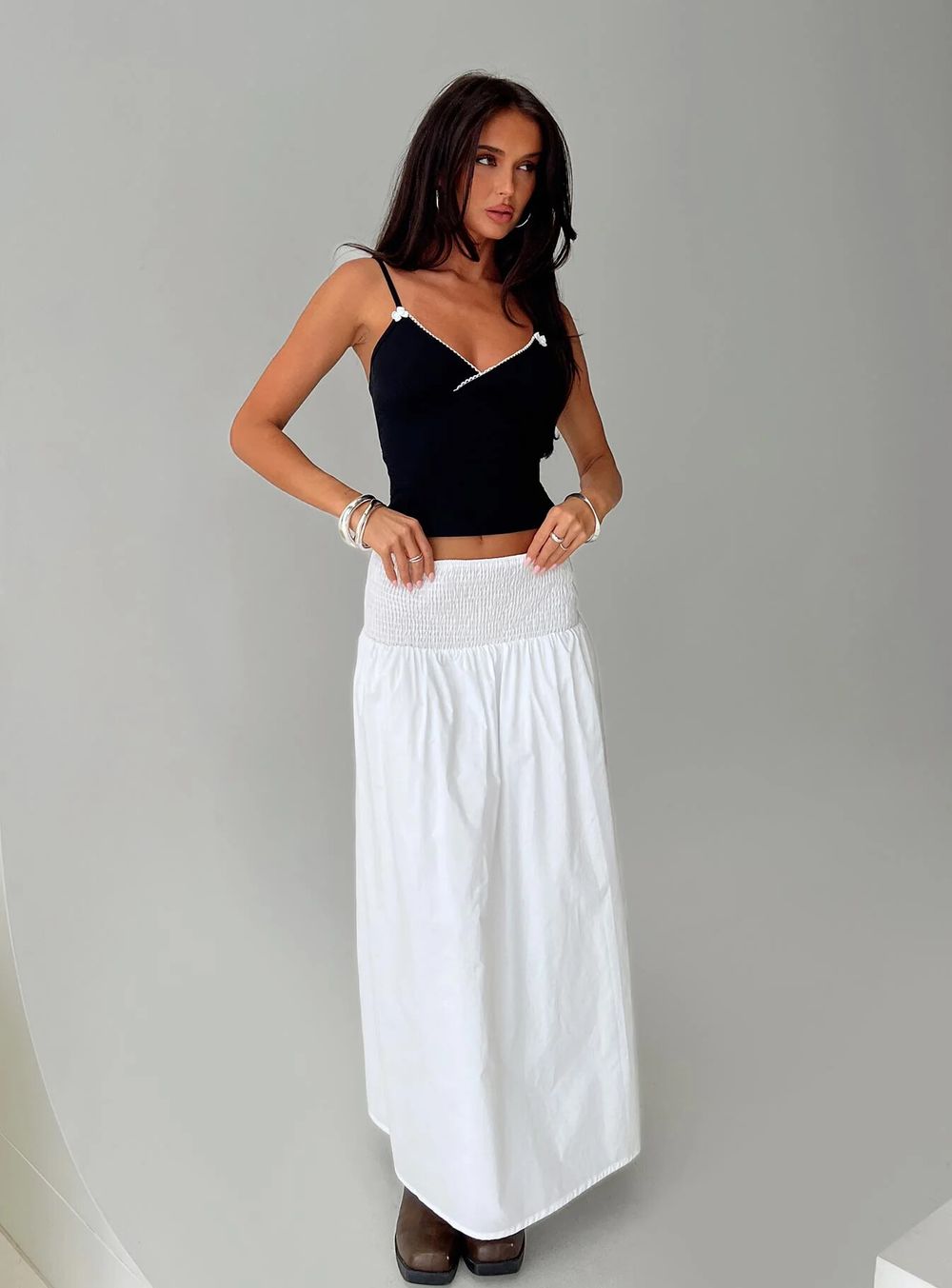 Bohemie shirred white maxi skirt