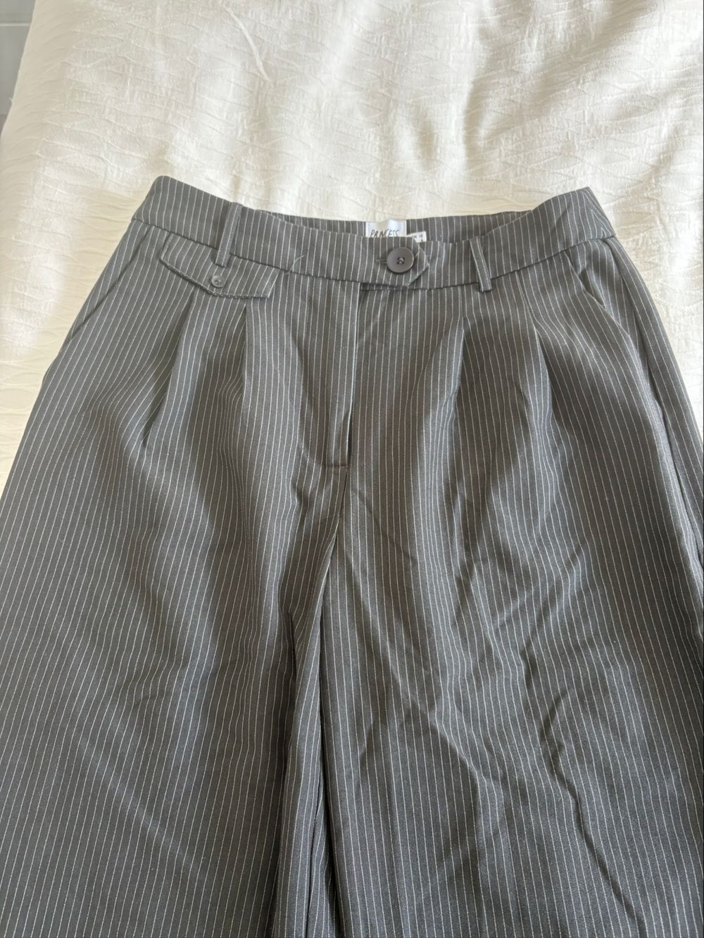 Grey pinstripe wide leg pants