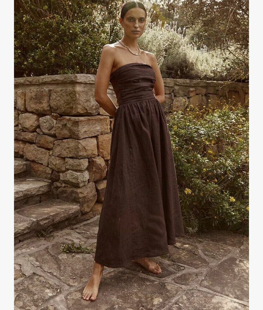 brown strapless linen dress Rhea Strapless Midi Linen Dress main image 1