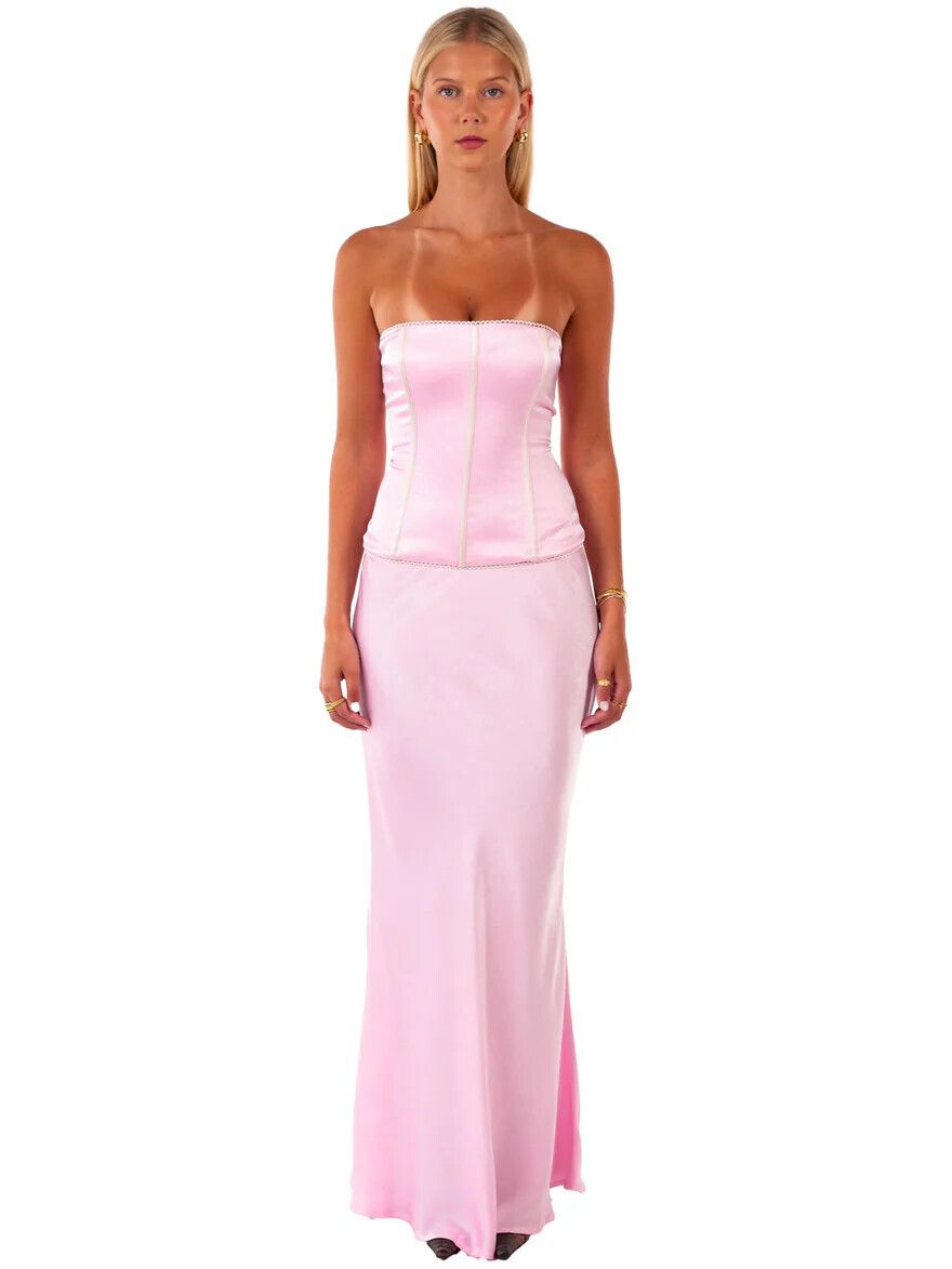 I AM DELILAH Ruby Set Quartz Pink Satin Corset Maxi Set Dress