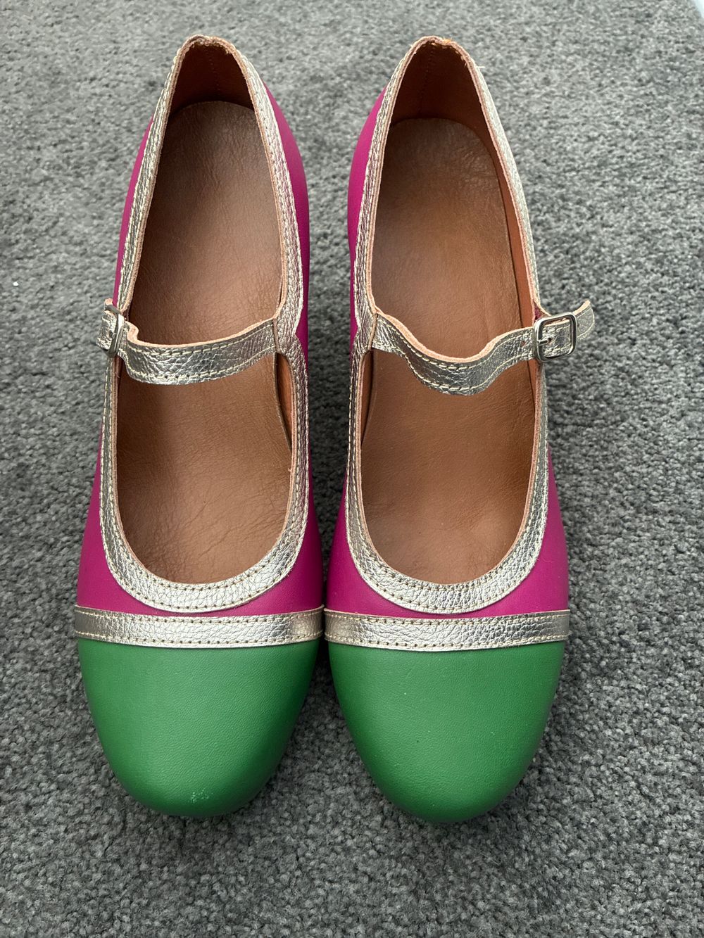 Pink and Green Leather Mary Jane Heels