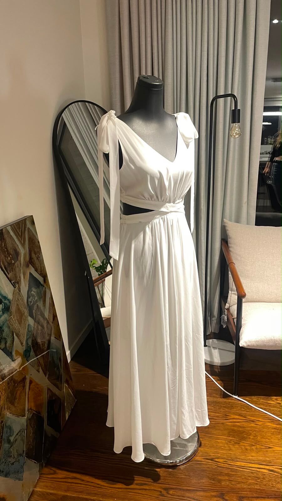 White Maxi Dress With Tie Shoulders And Cut-Out Waist