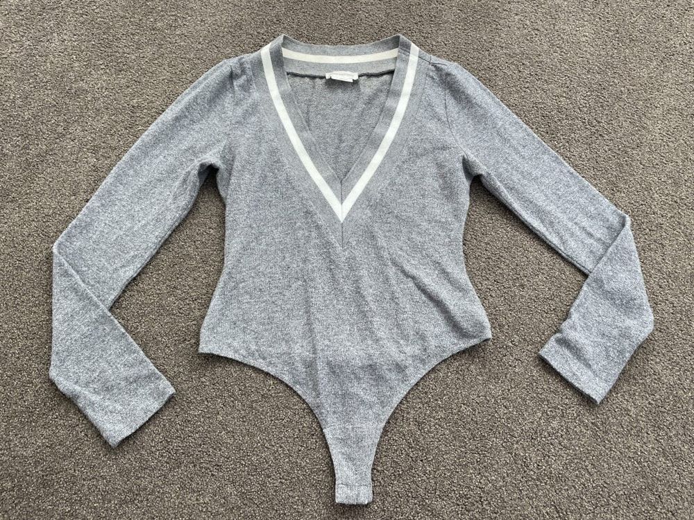 Lovers and Friend Grey Long Sleeve Bodysuit with White Trim