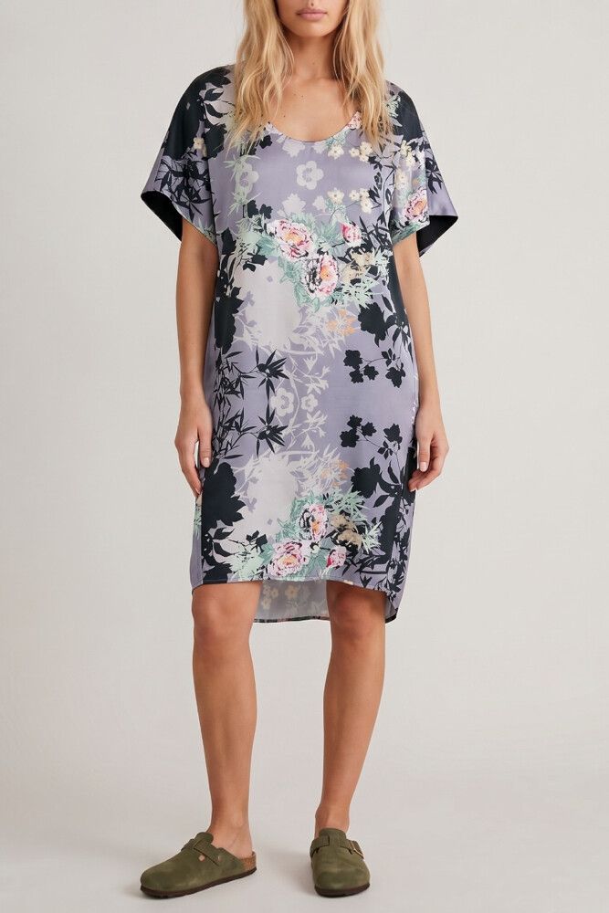 Libertine Tapered Satin Floral Dress — Grey Oriental Floral Print, NZ Designed
