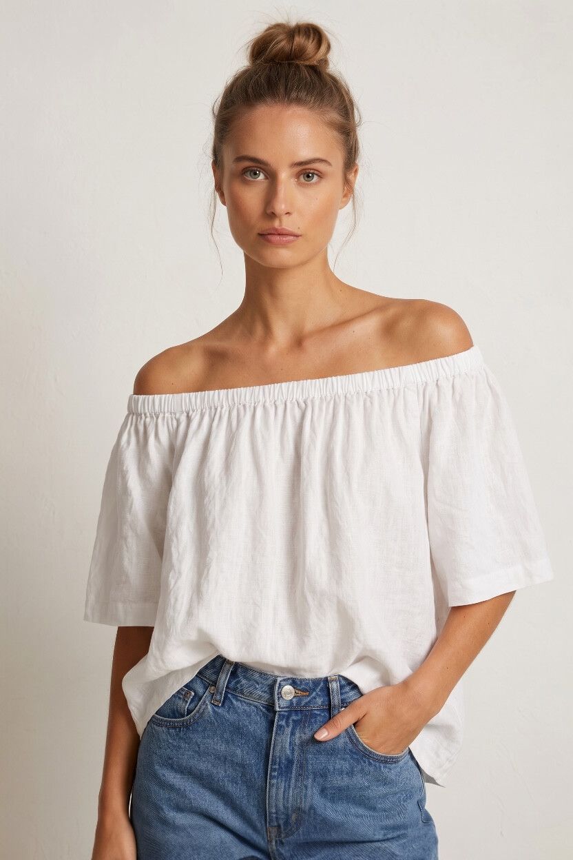 White Linen Blend Bardot Top — Resort Wear, Relaxed Fit, Off-The-Shoulder Top
