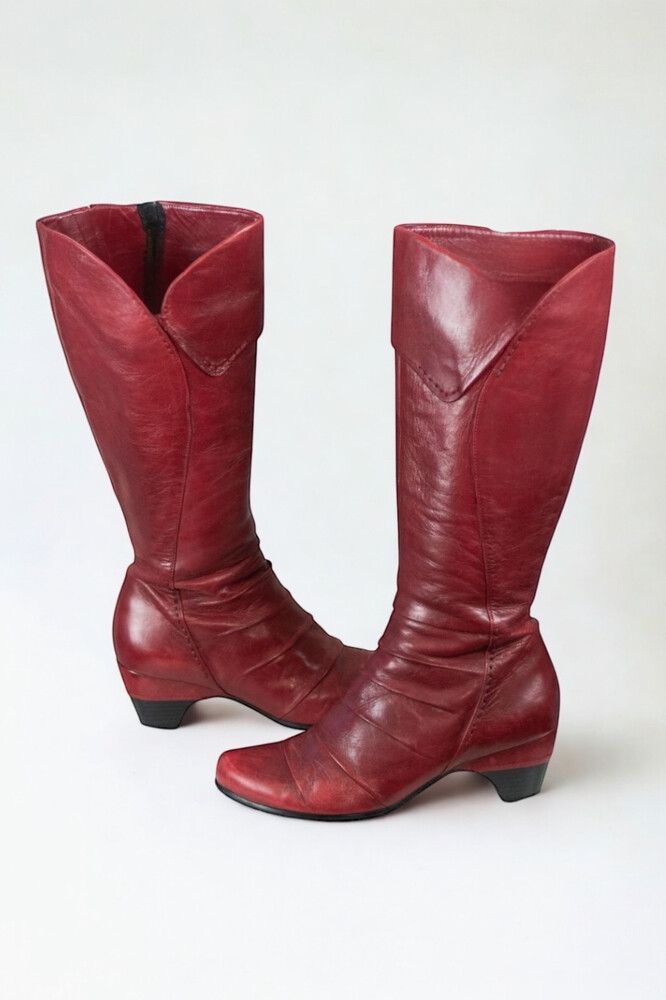 Canal Grande “Cresta Sangria” Red Leather Boots — Below-the-knee, Pleated