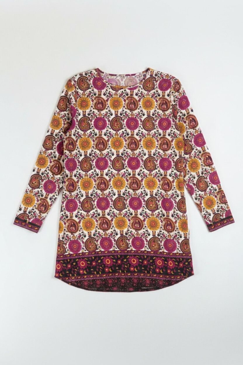Retro Burgundy & Mustard Paisley Mini Dress — Tunic, 70s Style