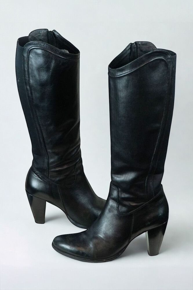 Footloose Domme Black Leather Knee High Boots — Tapered Heel, Western