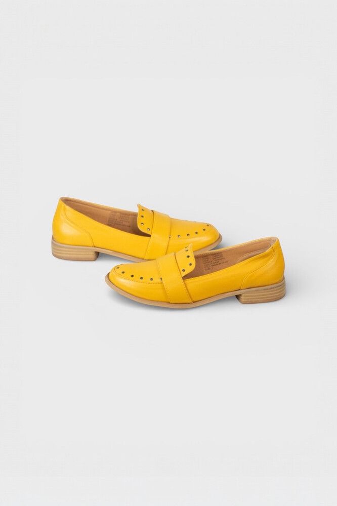 Mustard Yellow Studded Loafers — Vamp Band, Gunmetal Studs