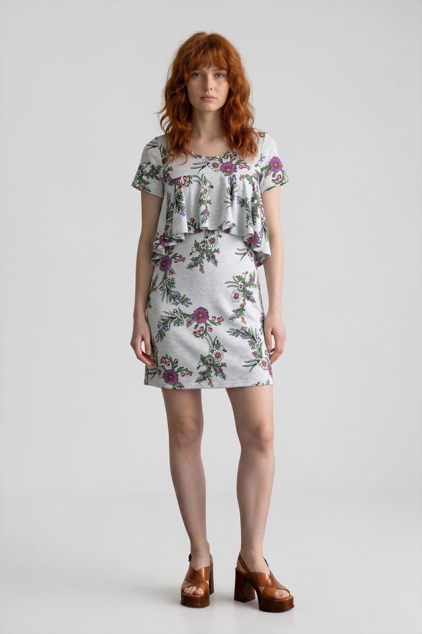 Charlo Heather-Grey Floral Ruffle Sweater Dress — Grey Marle, T-Shirt Sleeve