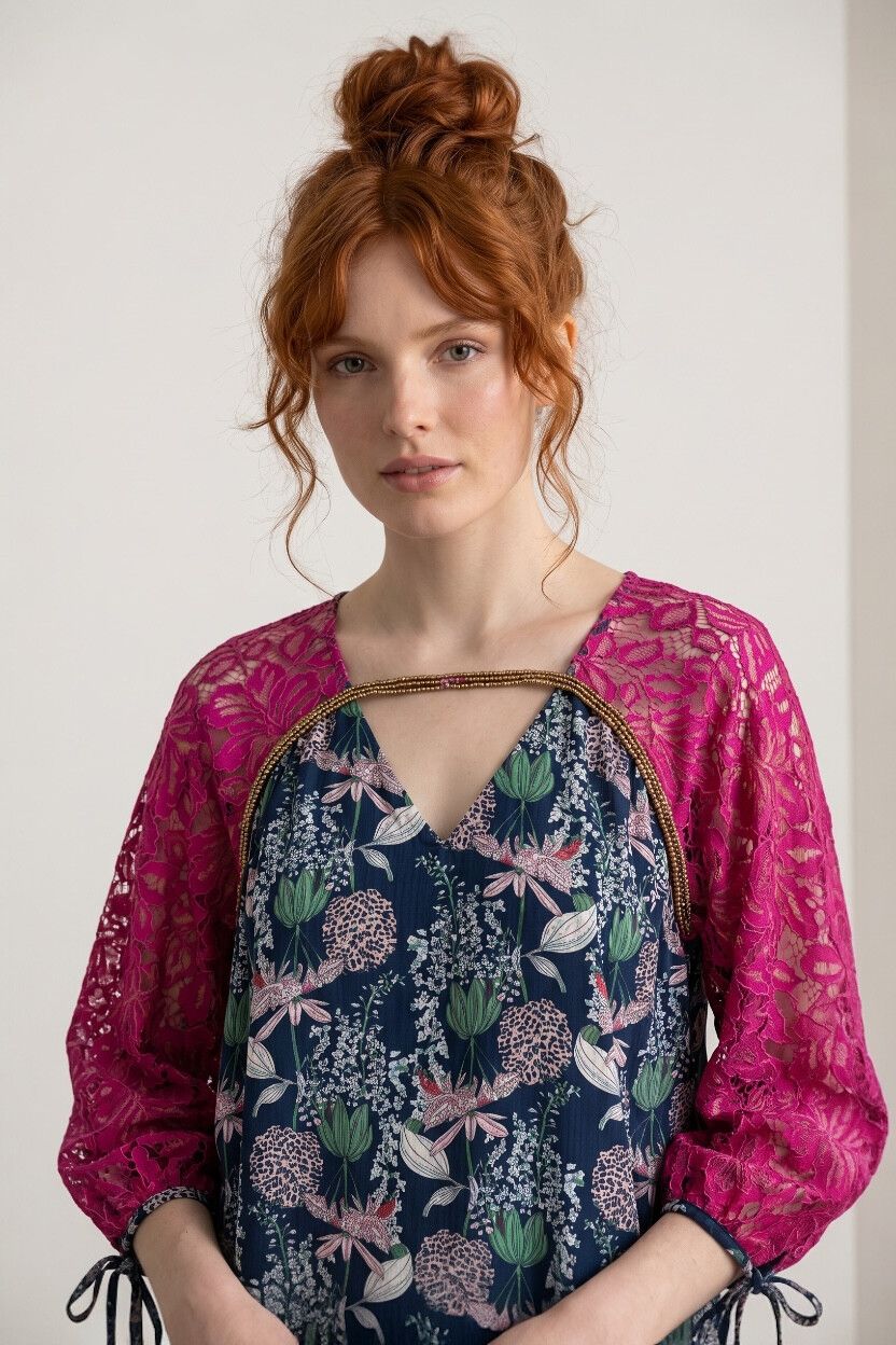 Augustine "Nikki" Pink Lace Gold Brocade Floral Blouse — Tie Cuffs