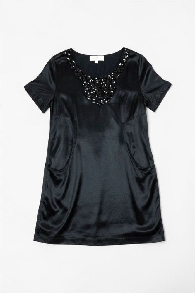 Vintage Trelise Cooper Y2K Black Satin Tunic Dress – Jewel Embellished Bib