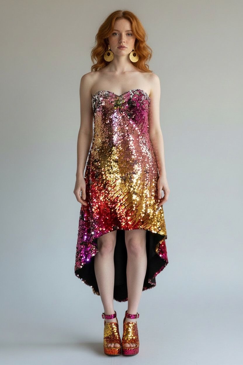 Y2K Pink, Peach & Gold Sequin High-Low Dress – 2000s Deadstock, Alyce Paris
