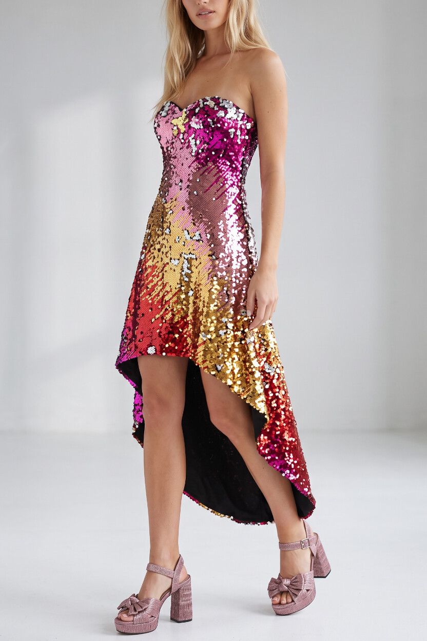 Y2K Pink, Peach & Gold Sequin High-Low Dress – 2000s Deadstock, Alyce Paris