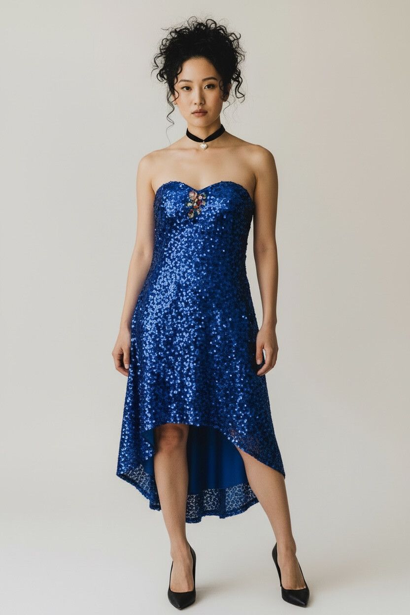 Y2K Royal Blue Sequin High-Low Dress – 2000s Deadstock, Alyce Paris