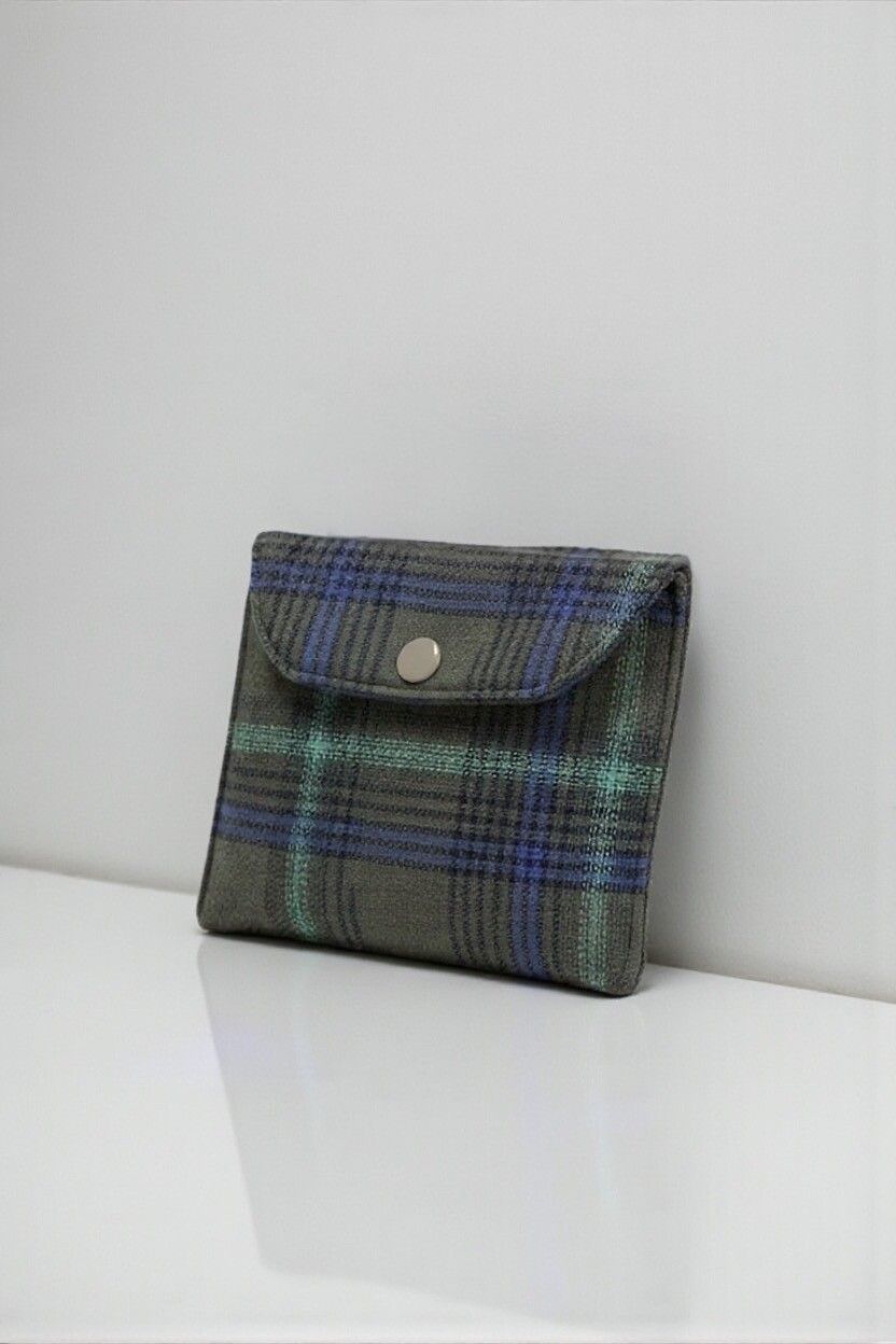 Upcycled Y2K Grunge Tartan Flat Mini Purse – Khaki, Purple & Lime, Coin Purse