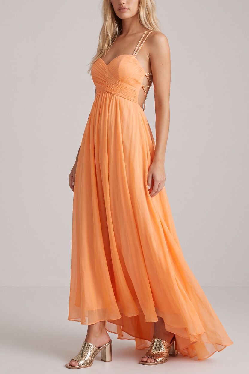 2000s Iridescent Tangerine Babydoll Ball Gown — Layered Chiffon, Jewel Straps, Maxi Dress