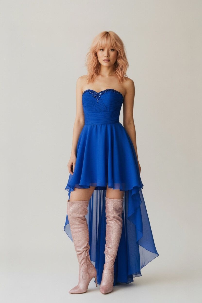 Y2K Sapphire Blue High-Low Chiffon Sequin Ball Dress — Rave, 2000s Deadstock