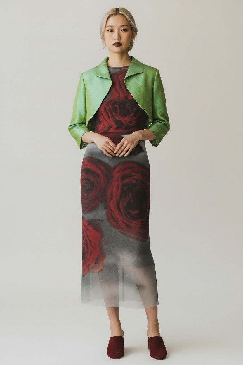 Iridescent Sage 90s Cropped Bolero Jacket — 3/4 Sleeve, Taffeta, Relaxed Fit