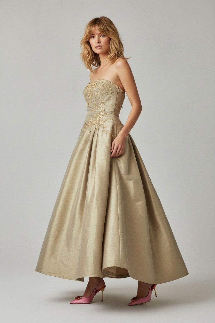 2000s "Old Money" Vintage Gold Debutante Ball Gown — Iridescent Taffeta, Beaded, Bridgerton
