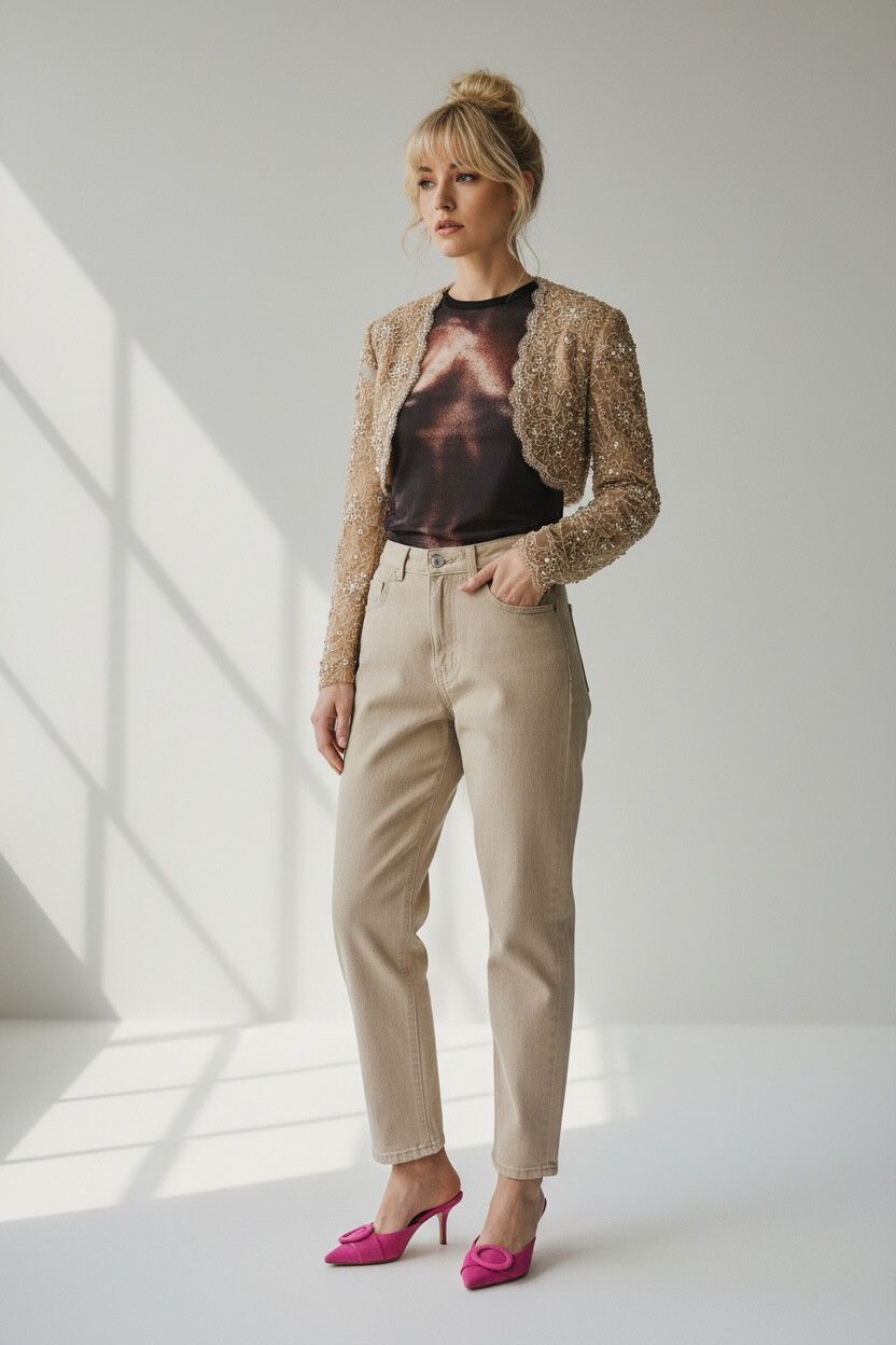 90s Iridescent Floral Lace Appliqué Cropped Bolero Jacket — 7/8 Sleeve, Taffeta & Lace, Beaded