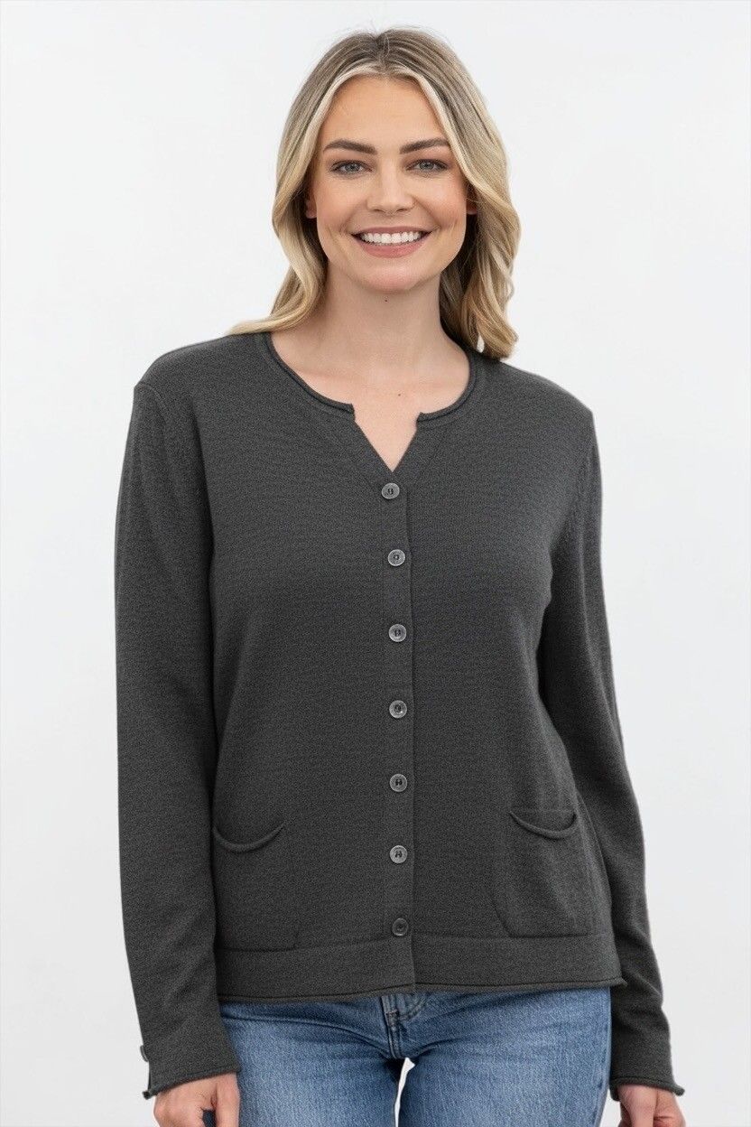 The Wool Company NZ Merino Open-Neck Cardigan — Grey Marle, Superfine Merino, Roll Finish