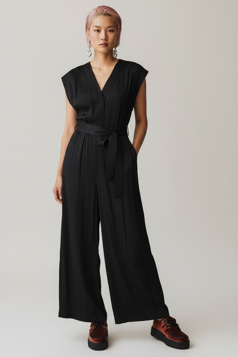 Saba "Lilian" Black Wide Leg Satin Jumpsuit — Culotte Leg, Row Stitching