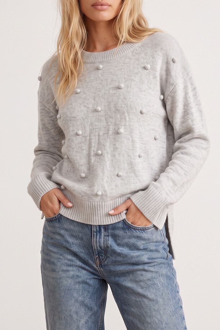 Witchery Cream & Denim Marle Knit Bobble Pom-Pom Crewneck Jersey — Boxy Fit, Cotton/Wool/Silk Blend, Baubel, Grandmillennial