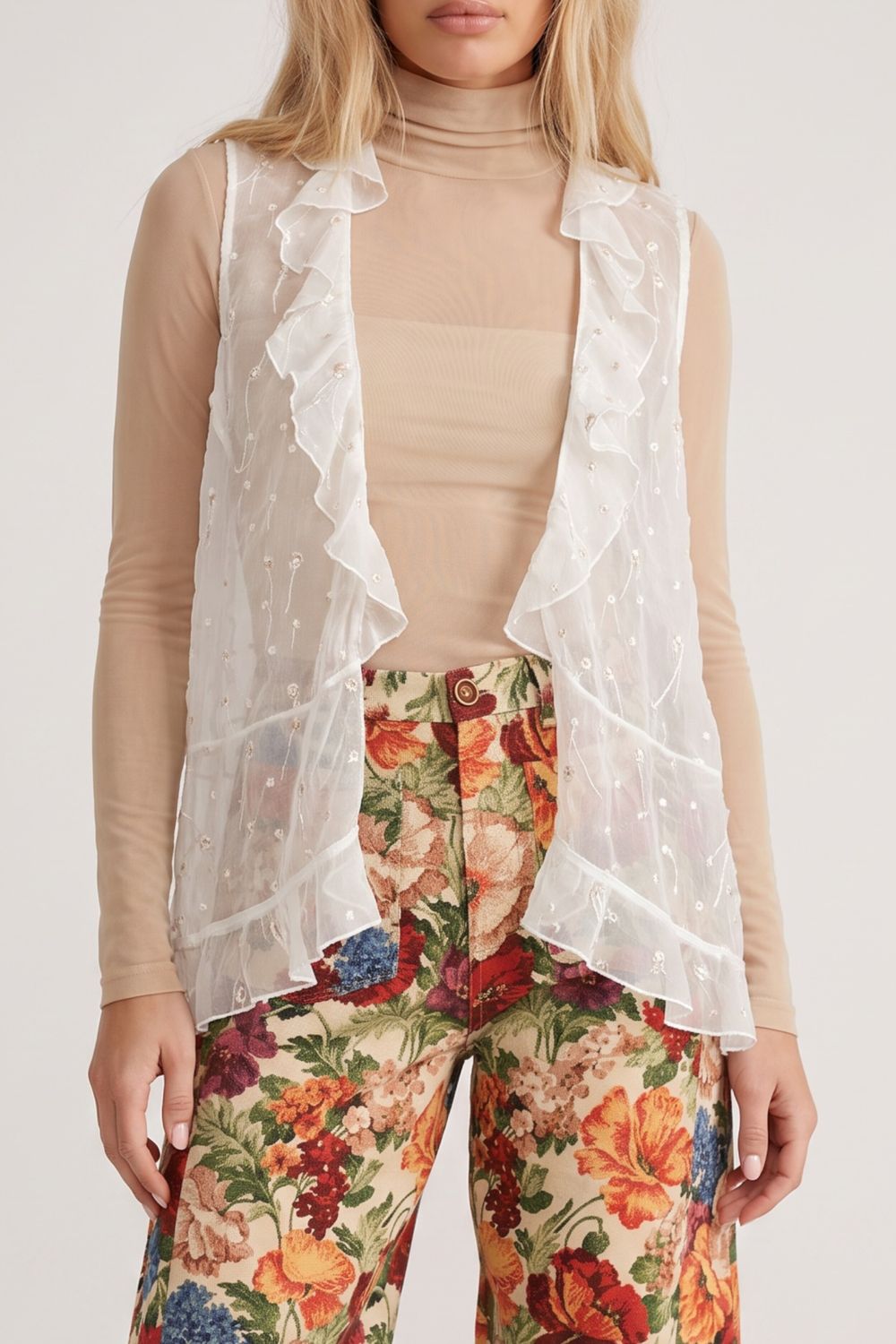 Vintage Trelise Cooper Embroidered Chiffon Ruffle Vest — Sheer, Whimsy, Layering