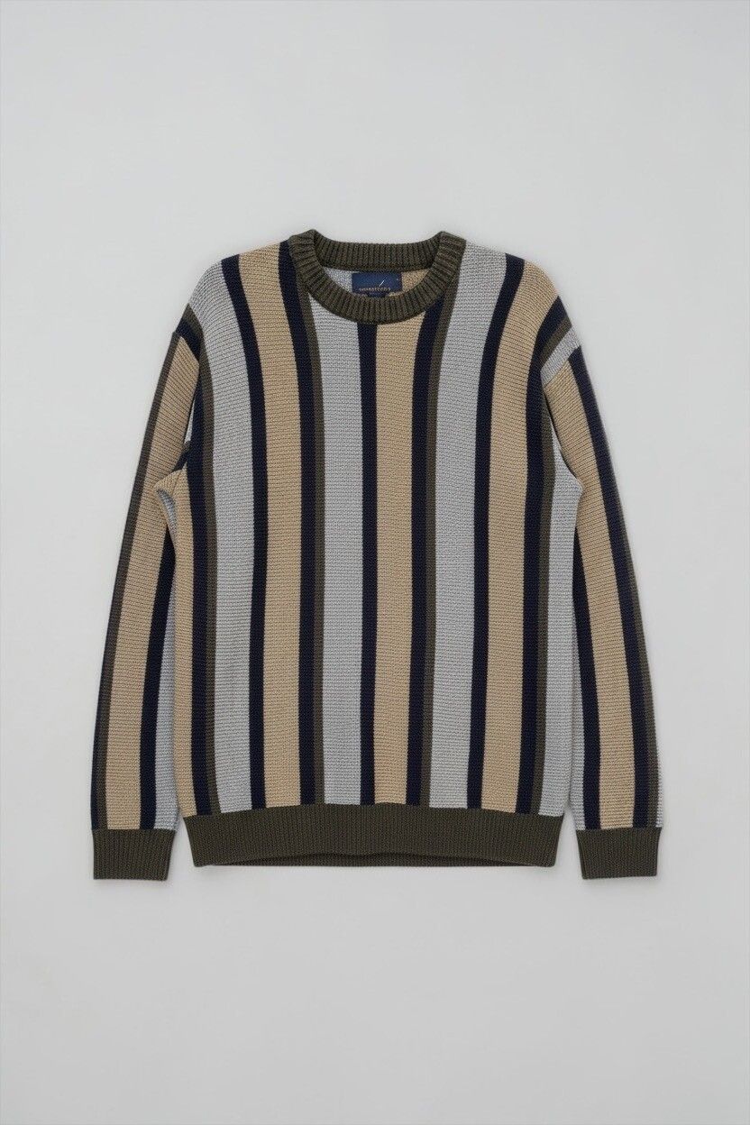 80s / 90s Vintage Style Stripe Knit Jumper — Relaxed Fit, Navy Grey Khaki