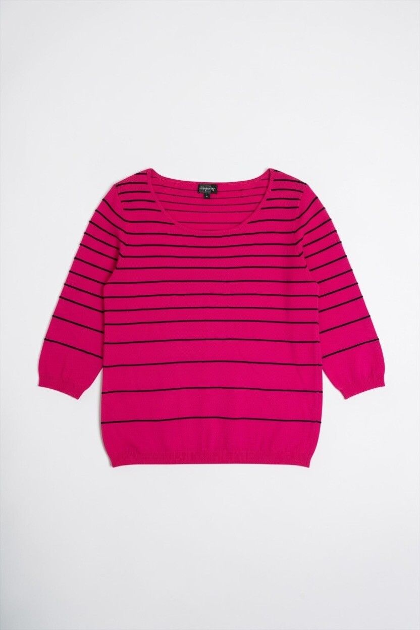 Signify Hot Pink Striped Fine-Knit Jersey Top — 00s Vibe, 3/4 Sleeve, Stretch Knit