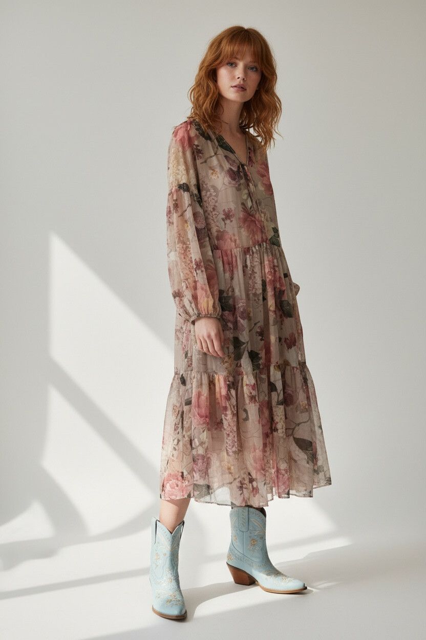 Cottagecore Whimsy Sheer Chiffon Floral Midi-Maxi Dress — Balloon Sleeves, Tiered Ruffled Skirt