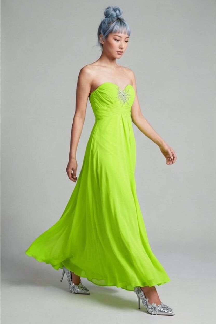 2000s Neon Lime Green Chiffon Maxi Ball Gown — Aurora Borealis Appliqué, Empire Waist