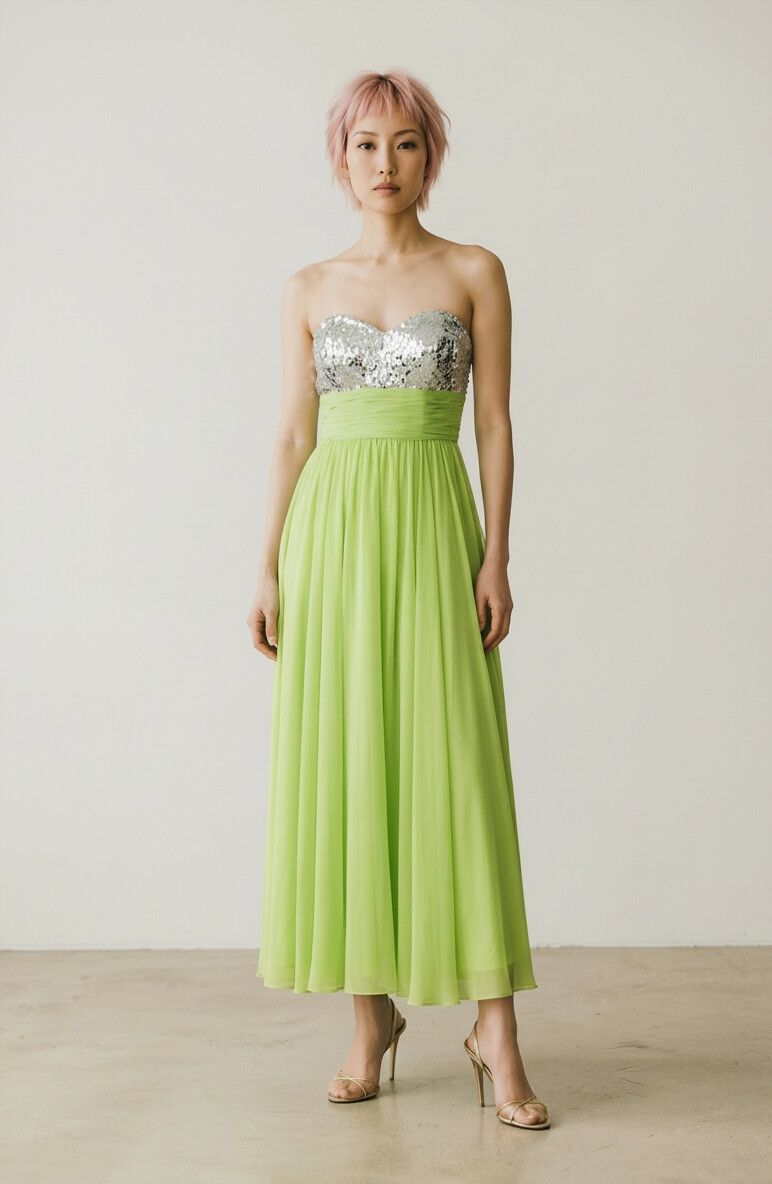 2000s Pastel Lime Green Chiffon Maxi Ball Gown — Silver Sequins