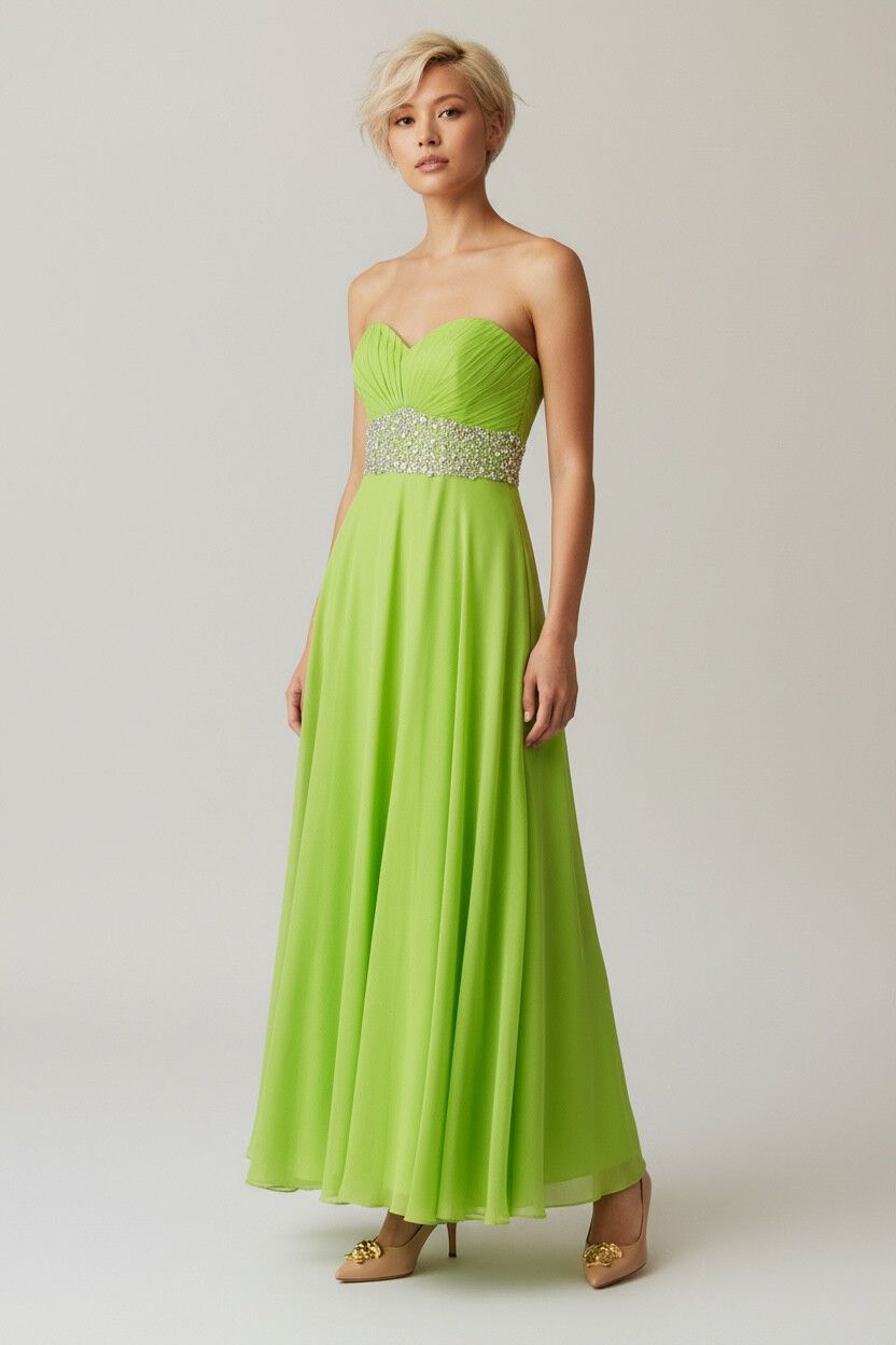 2000s Neon Lime Green Chiffon Maxi Ball Gown — Aurora Borealis Iridescent Appliqué