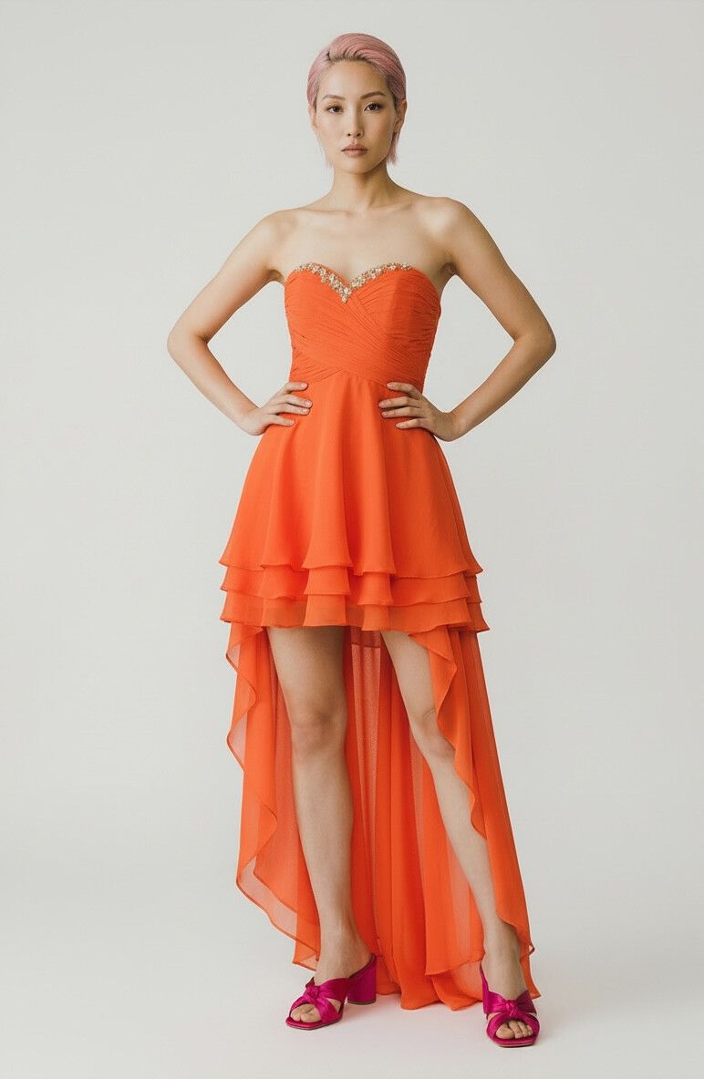 Y2K Tangerine High-Low Chiffon Ball Dress — Rave, 2000s Deadstock, Aurora Appliqué