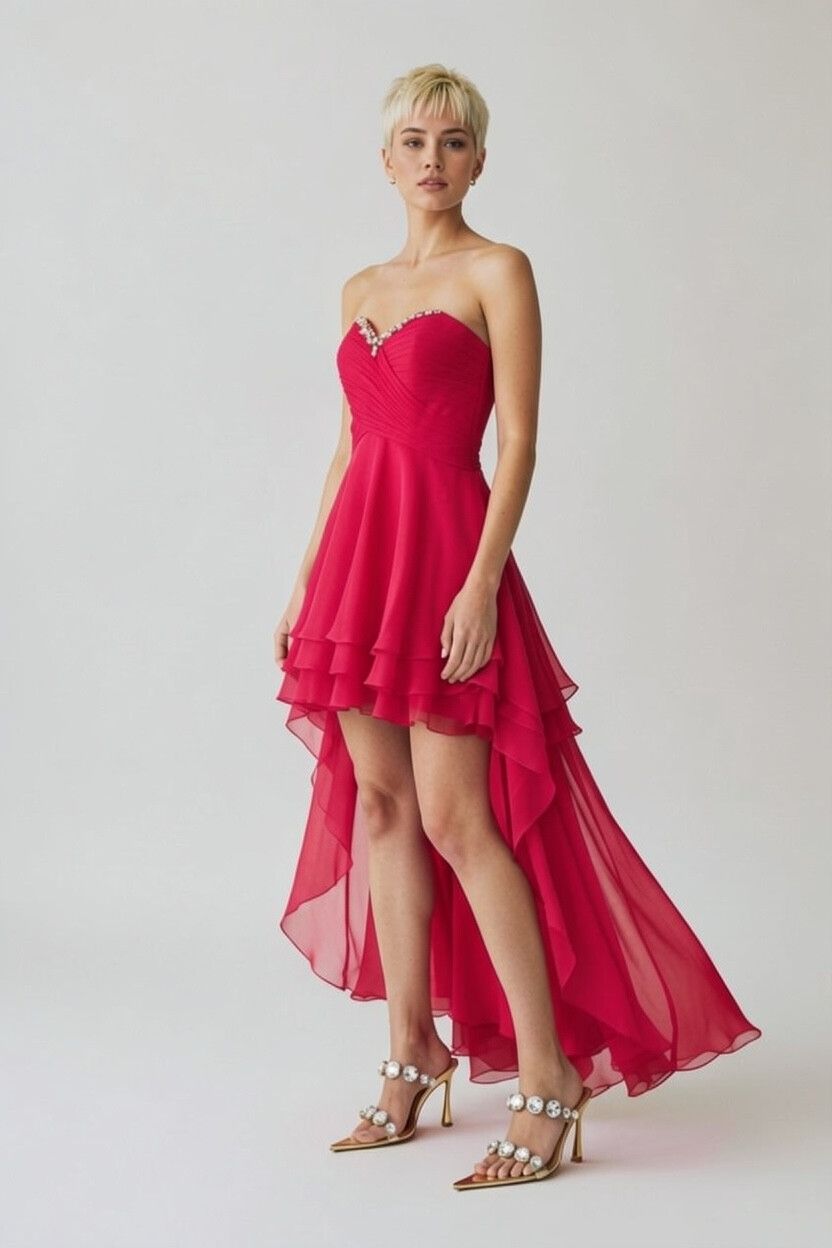 Y2K Cerise High-Low Chiffon Ball Dress — Rave, 2000s Deadstock, Aurora Appliqué