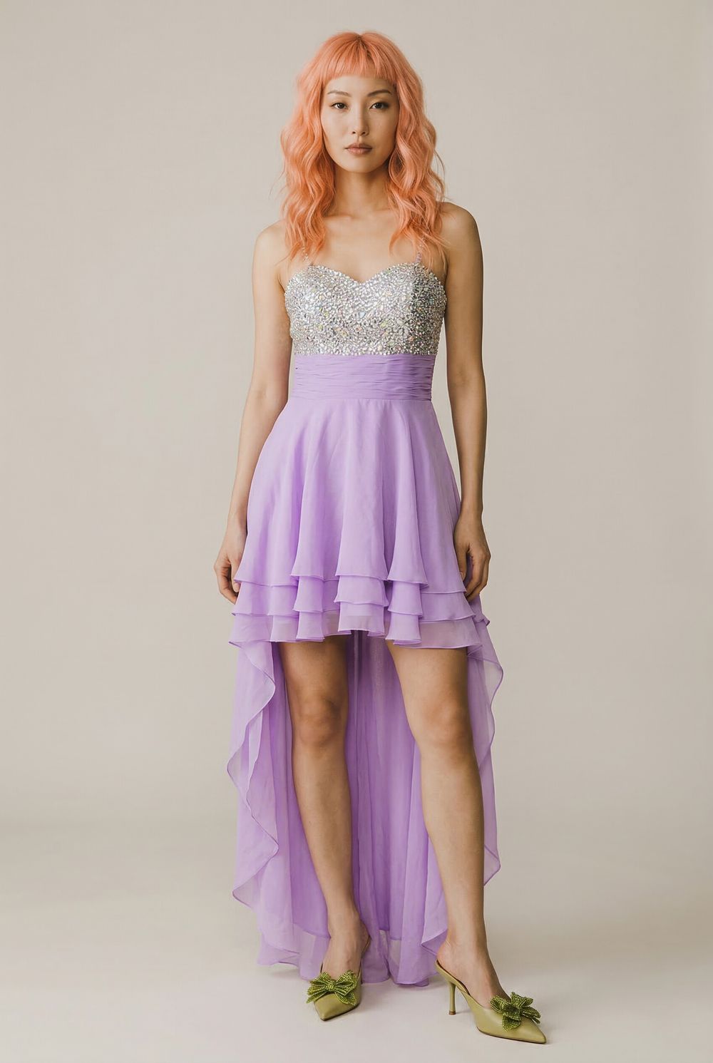 Y2K Pastel Lilac / Lavender High-Low Chiffon Ball Dress — Jewel & Bead Appliqué, Rave, 2000s Deadstock