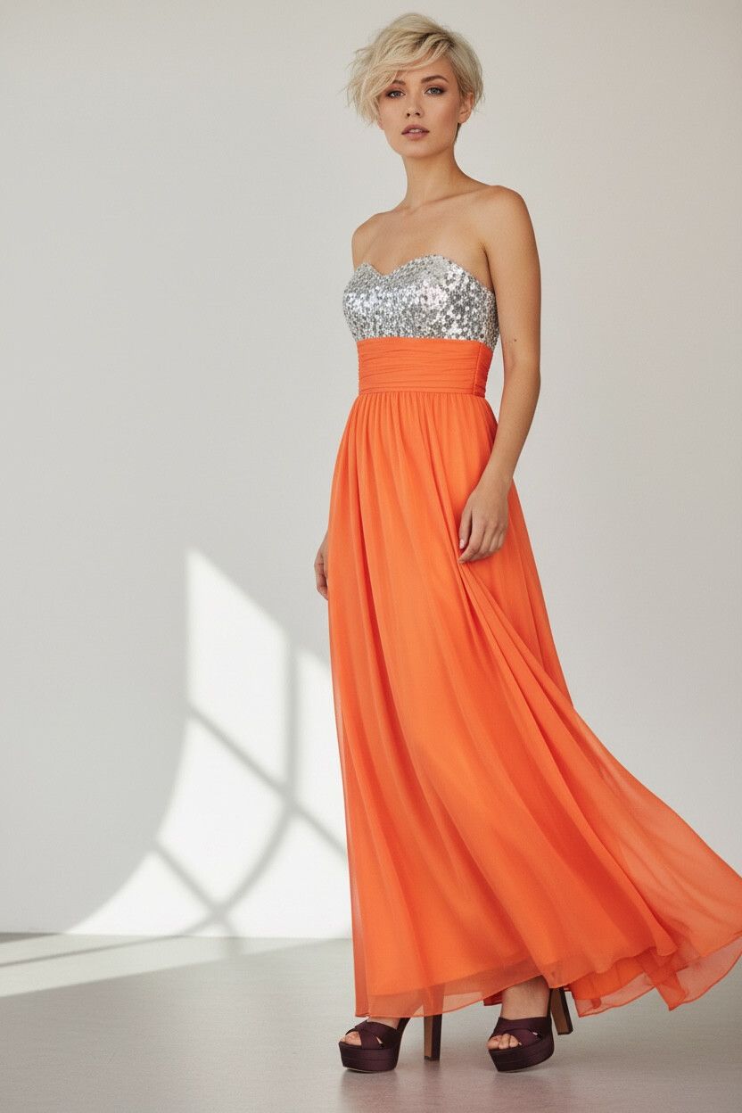 2000s Tangerine Orange Chiffon Maxi Ball Gown — Silver Sequins