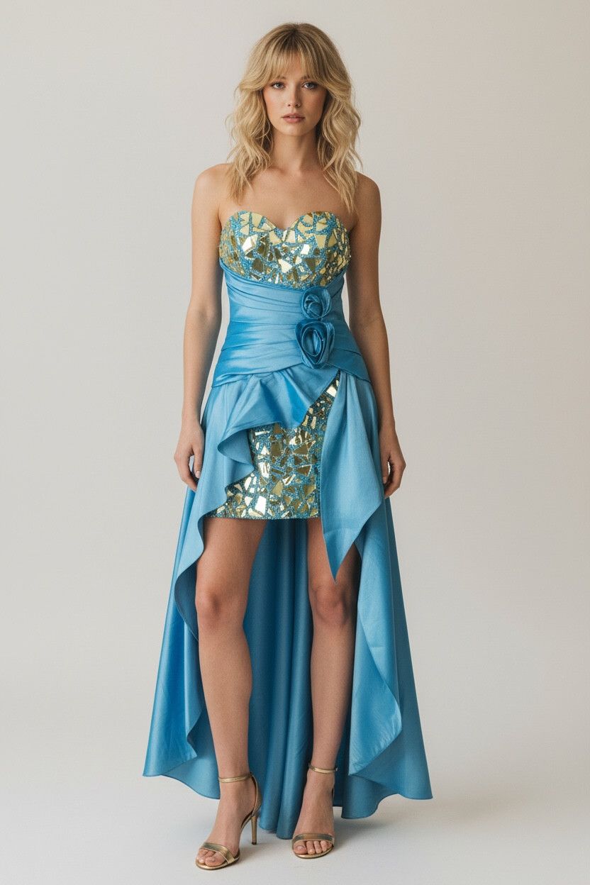Space Siren Cerulean Blue Taffeta Appliqué Ball Gown — Y2K, Retro-Futurism, Alien Couture