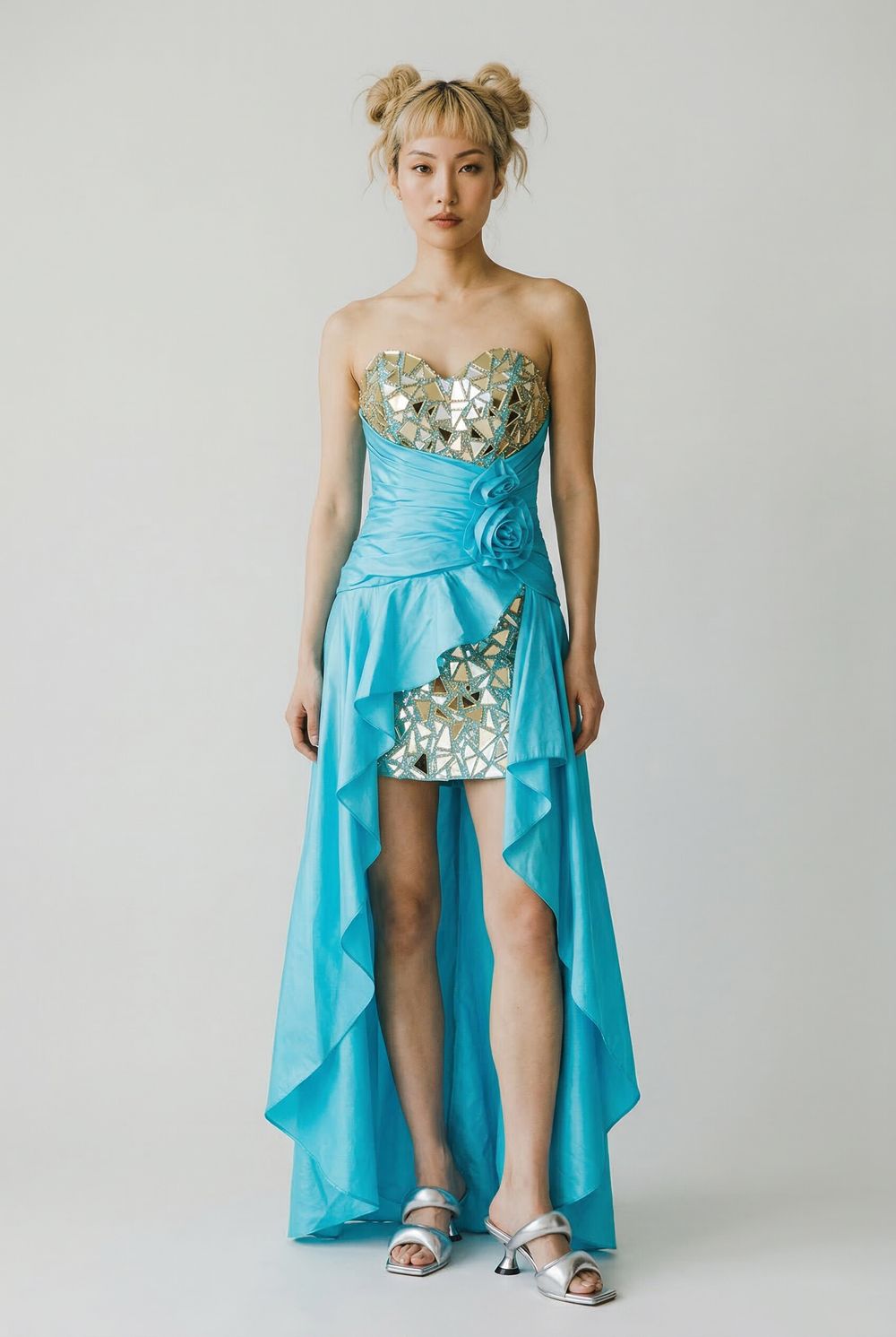Space Siren Turquoise Blue Taffeta Appliqué Ball Gown — Y2K, Retro-Futurism, Alien Couture