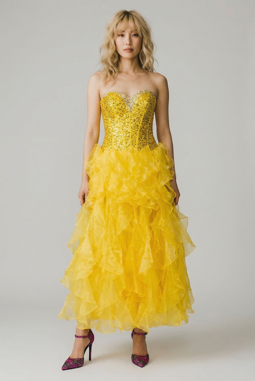 Sunshine Yellow Avant-garde Taffeta Ruffle Appliqué Ball Gown — 2000s, Corset Dress
