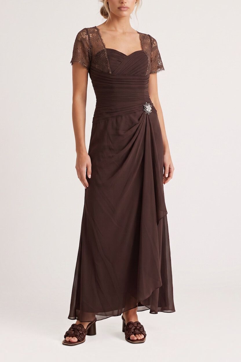 Vintage Espresso Brown Maxi Draped Sheath Dress — 90s / 2000s, Quiet Luxury, Floral Lace, Chocolate Brown